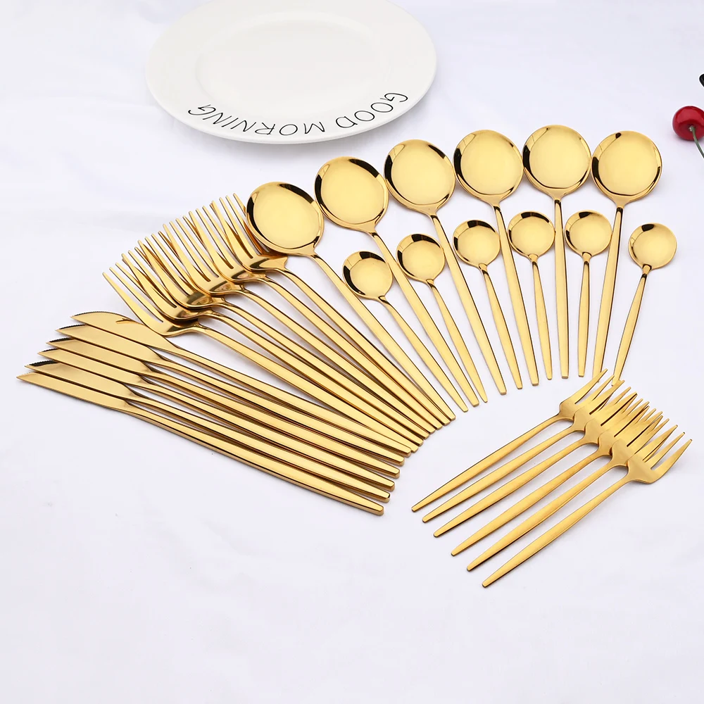 

30Pcs Mirror Gold Dinnerware Cutlery Set Stainless Steel Black Flatware Western Knife Cake Fork Spoon Kitchen Tableware Set