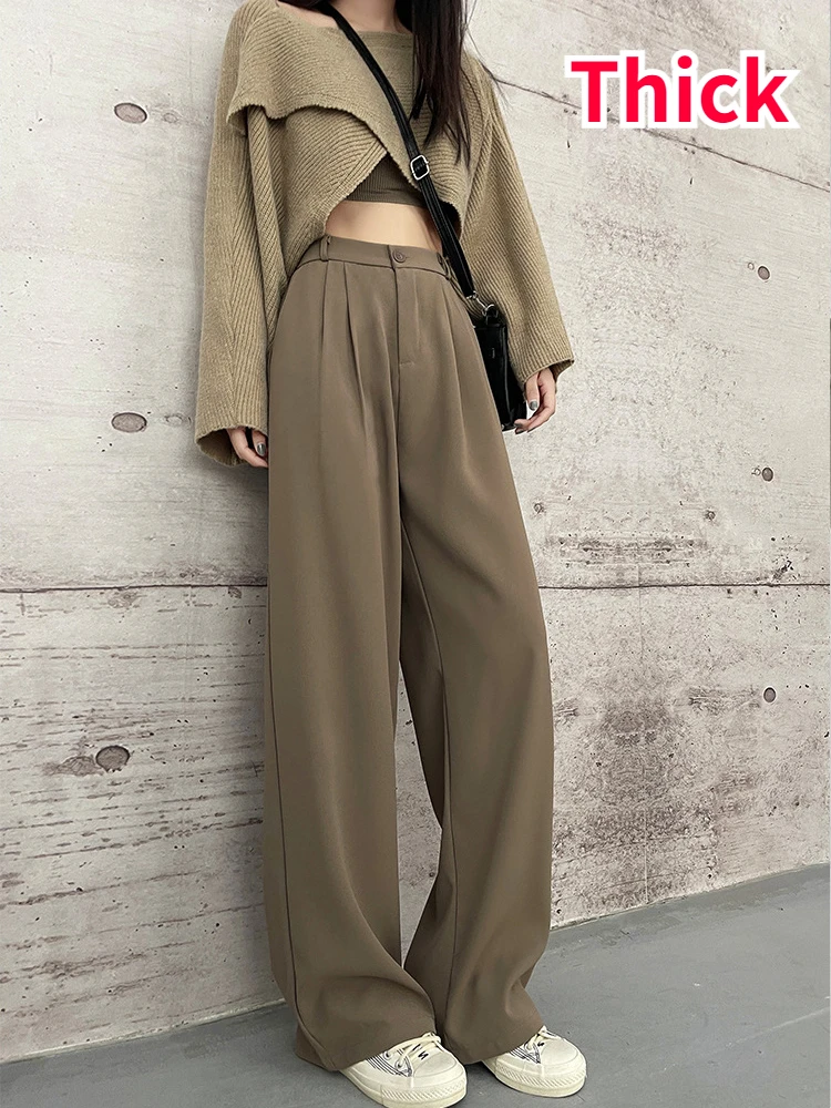 

New Khaki Suit Pants for Women 2023 Party Elegant Autumn Thin Loose High Waisted Straight Stacked Pants Baggy Wide Leg Trousers