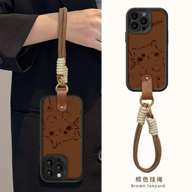 Brown Cat Hand Strap Phone Case For Xiaomi Redmi Note 13 12 10 11 11S 8 9 7 10C 12C 9A A1 A3 13C Silicone Cover