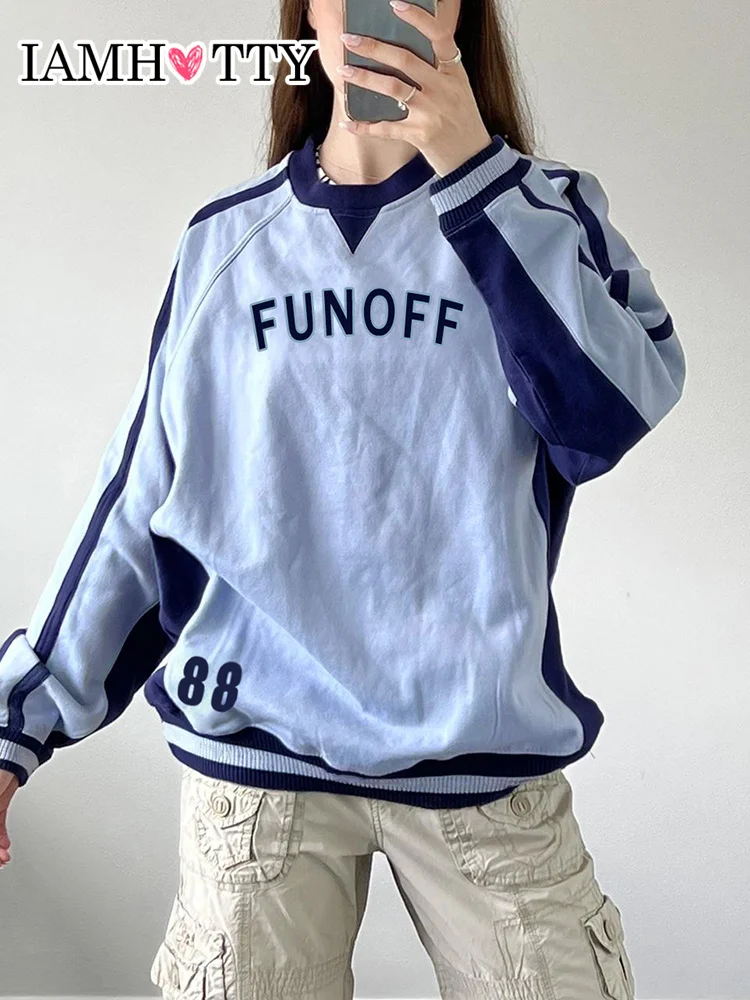 

IAMHOTTY Streetwear Casual Loose Sweatshirt Contrast Patchwork Pullovers Harajuku O-neck Jumper Preppy Style Cute Clothes Autumn