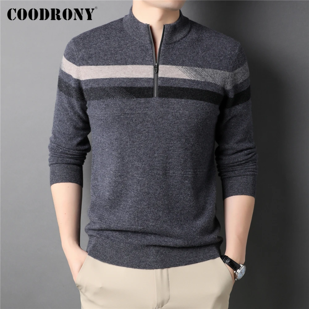 COODRONY Brand 100% Merino Wool Mock Neck Zipper Sweater Men Clothes Autumn Winter New Arrival Striped Warm Pullover Homme Z3034