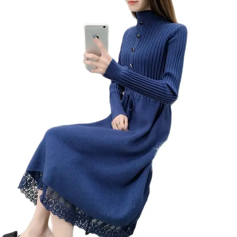 

2023 New Elegant Knitted Dress For Women's Clothing Jersey Dresses Autumn Winter Half Turtleneck Slim Lace Sweater Dress BC498
