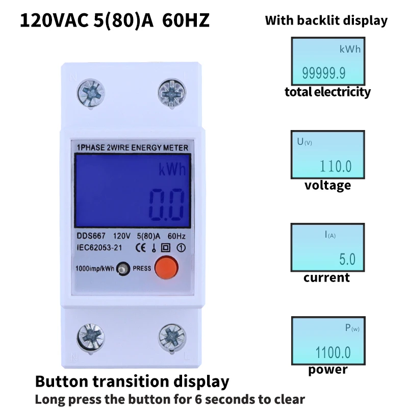 Voltage Current Power Consumption Meter Wattmeter Electricity 220V AC Single-Phase KWH Meter 80A