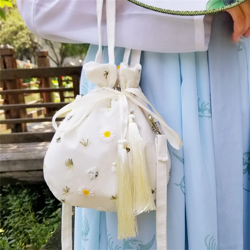 

Chinese Style Ancient Hanfu Bag Floral Embroidery Messenger Shoulder Bag Traditional Chinese Costume Purse Tassel Drawstring Bag