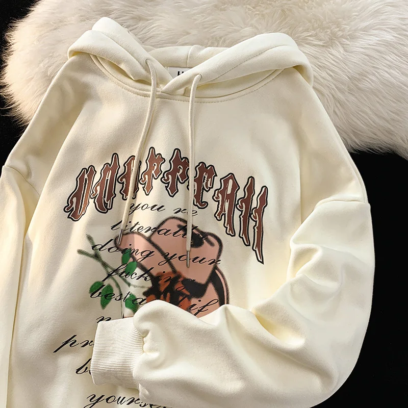 

American Thickened Gothic Letter Print Hoodies Women's Y2K High Street Fleece Harajuku Pullover Loose Hooded Sweatshirt