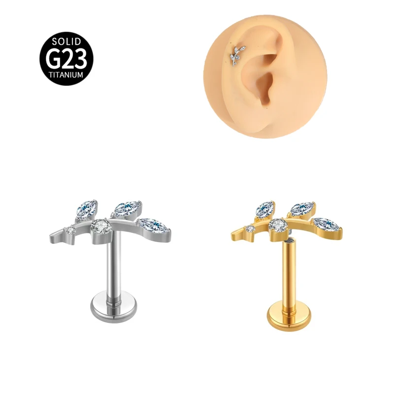 

1PC F136 Titanium Piercing Ear Studs PIERC Tree Feather Internal Thread Labret Leaf Cartilage Earring Lip Ear Stud Body Piercing