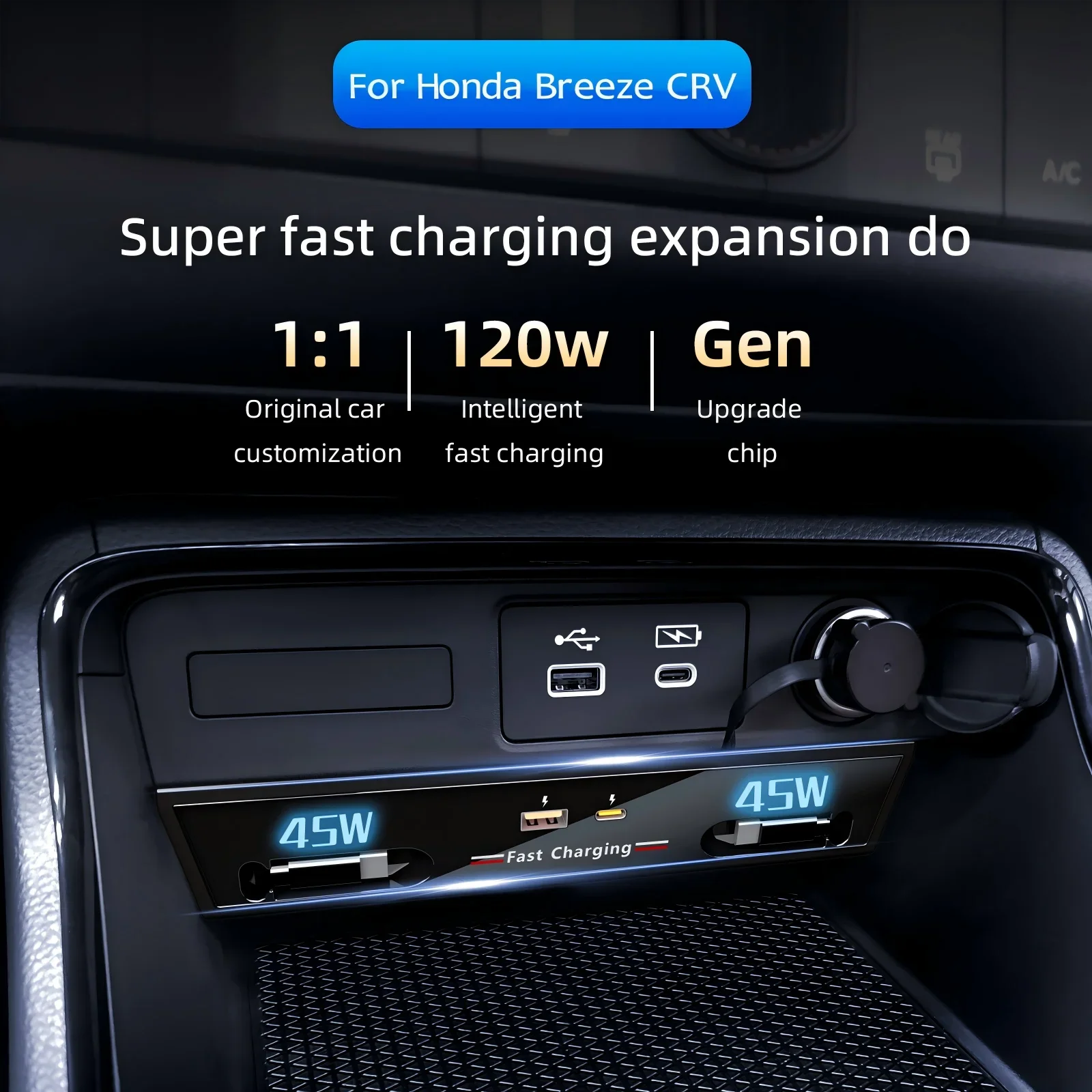 Фото Зарядное устройство-док-станция для Honda CRV 2023-2025: быстрый автомобильный зарядник 130 Вт, разветвитель прикуривателя, USB-конвертер №3