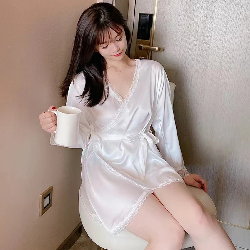 Spring And Summer New Long-Sleeved Stretch Satin Nightgown Lace Comfortable Home Clothes Women