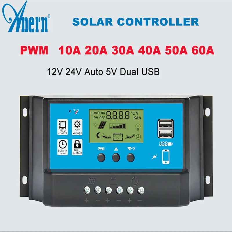 

Anern Solar Controller 12V/24V 60A 50A 40A 30A 20A 10A Solar Regulator PWM Battery Charger LCD Display Dual USB 5V Output