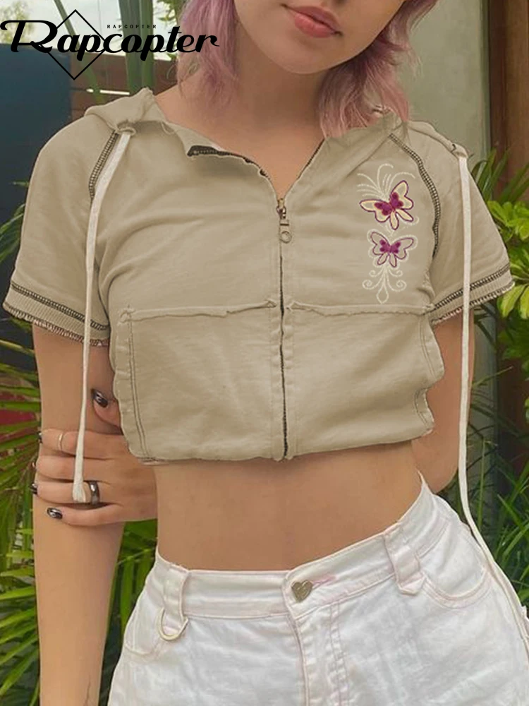 

УКОРОЧЕННЫЙ ТОП Rapcopter Y2K с бабочками, футболка с капюшоном на молнии, милые кардиганы с коротким рукавом в стиле ретро, женские милые кардига...