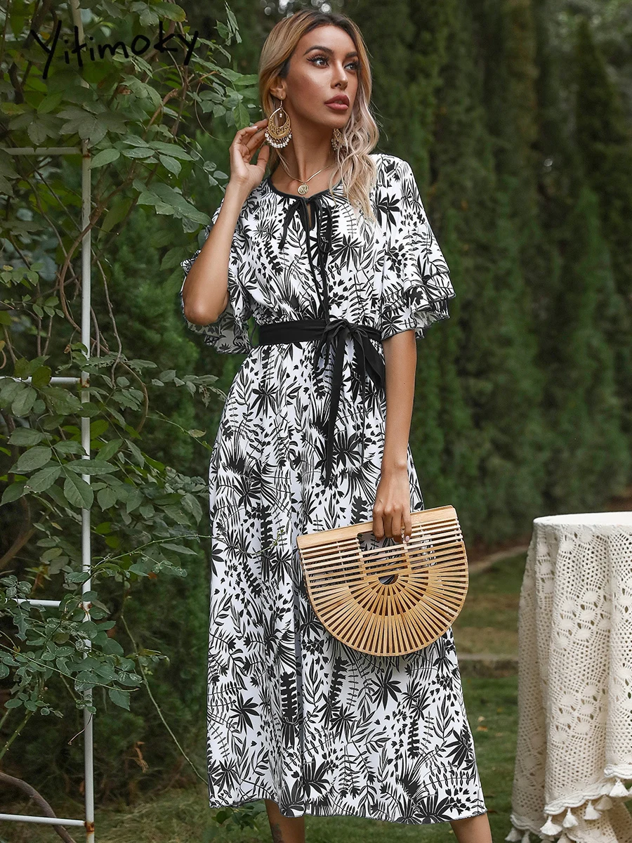 Платье Yitimoky женское с V-образным вырезом зеленое пляжное в стиле бохо