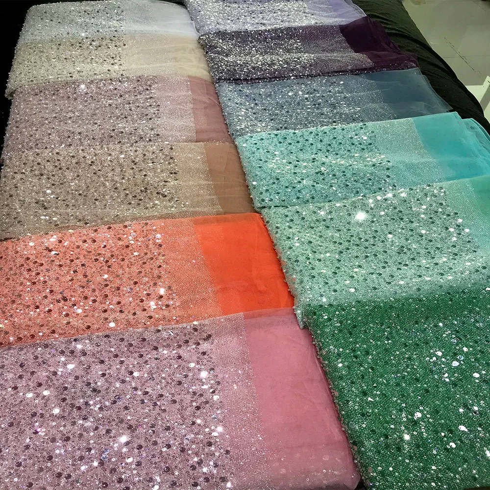 

Multicolor Luxury French Women Glitter Wedding Dress Material Sequins Embroidered Lace Fabric with Beads for Sewing Evening Gown