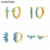 925 silver ear needle turquoise hoop earrings for women ins style exquisite flower crystal piercing huggie earrings jewelry