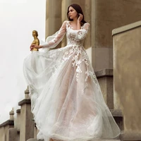 luxury a line v neck wedding dress sexy long puff sleeve lace appliques bridal gown illusion tulle button train vestido de noiva