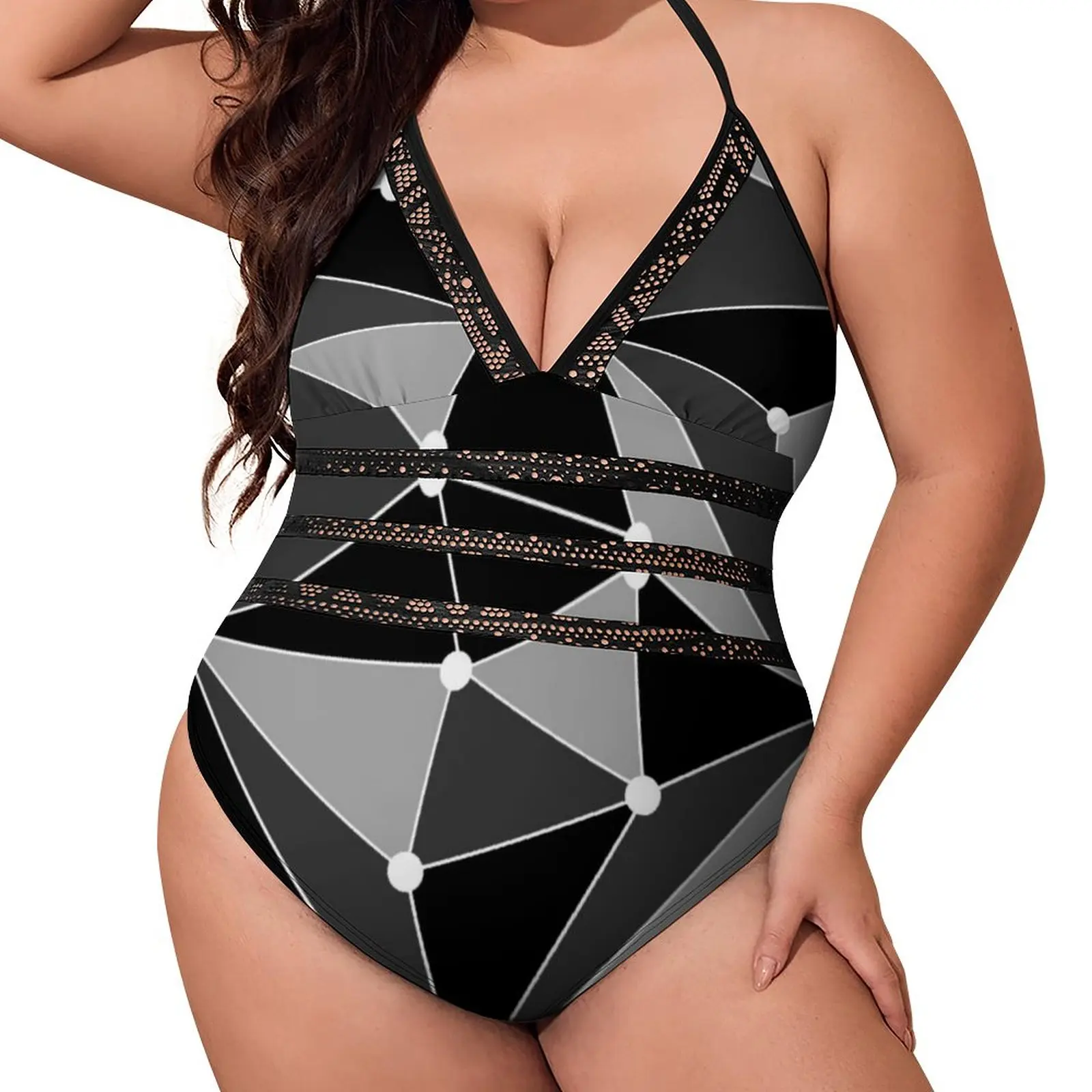 

Abstract Geometry Swimsuit Polka Dots Print Push Up Swimwear One Piece Hollow Out Monokini Sexy Novelty Beach Wear Plus Size 4XL