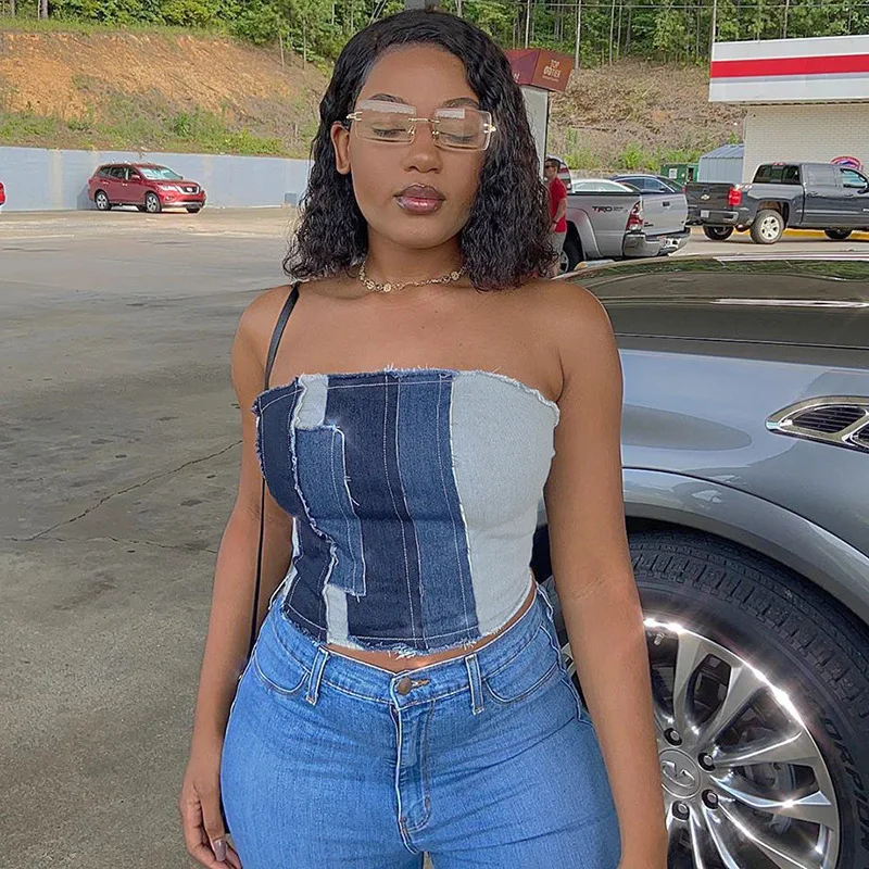 

Sexy Patchwork Denim Crop Tops Women Streetwear Punk Laced Backless Tube Tank Top Party Club tops women