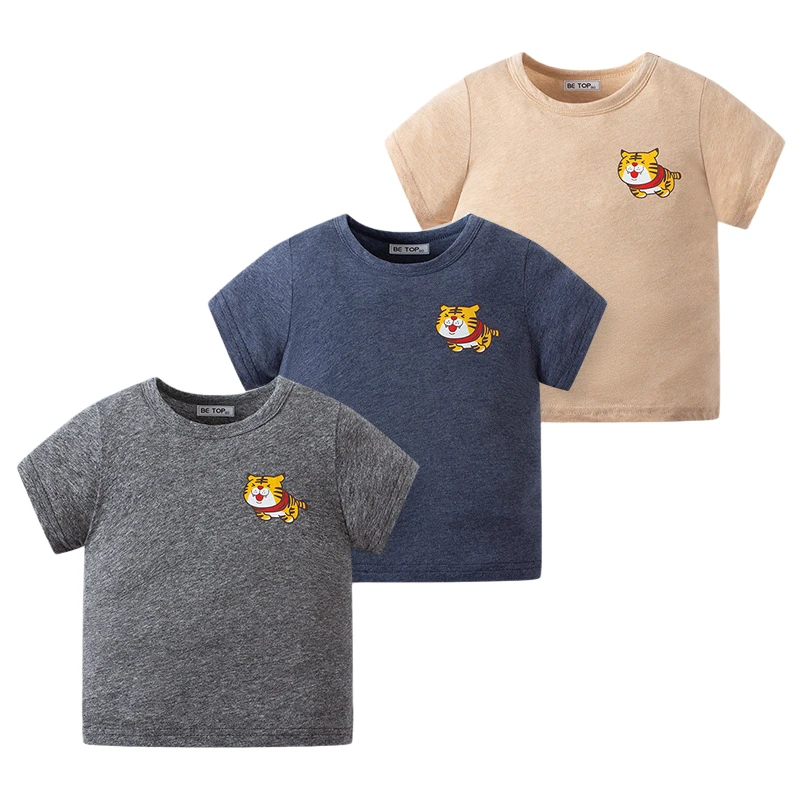 

27kids Boys Summer Short Sleeve T-shirt Cartoon Tigar Knitted Pure Cotton Class A Children's Casual Soft Breathable Top Clothes