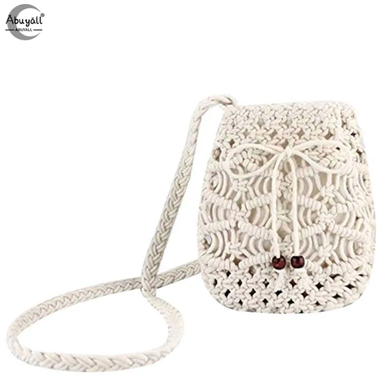 

Abuyall Women Round Bucket Shoulder Bag Drawstring Hobo Crochet Straw Summer Beach Handmade woven Handbag Crossbody Bohemia Tote