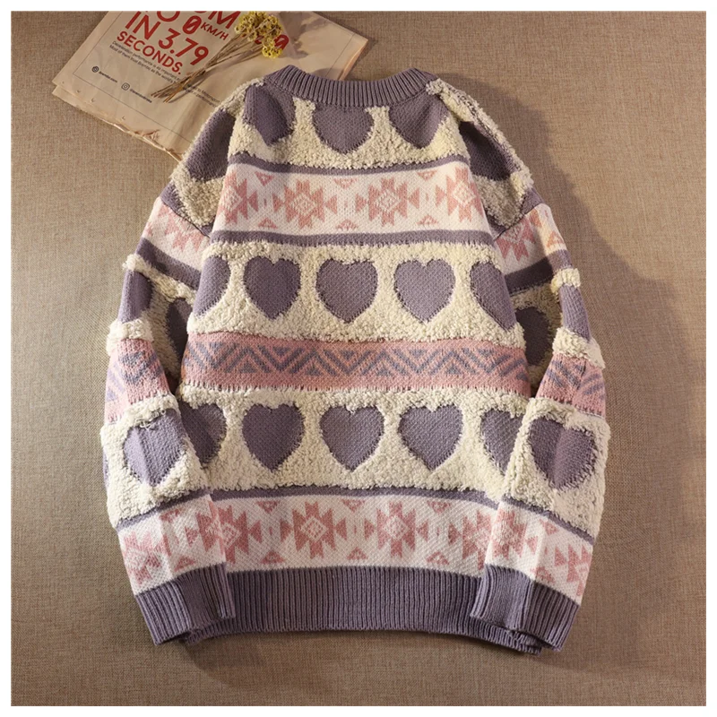 Women's Sweet Sweater Knitwear Autumn Winter O Neck Loose Retro Pullover Long Sleeve Casual Love Embroidery Fashion Pullover