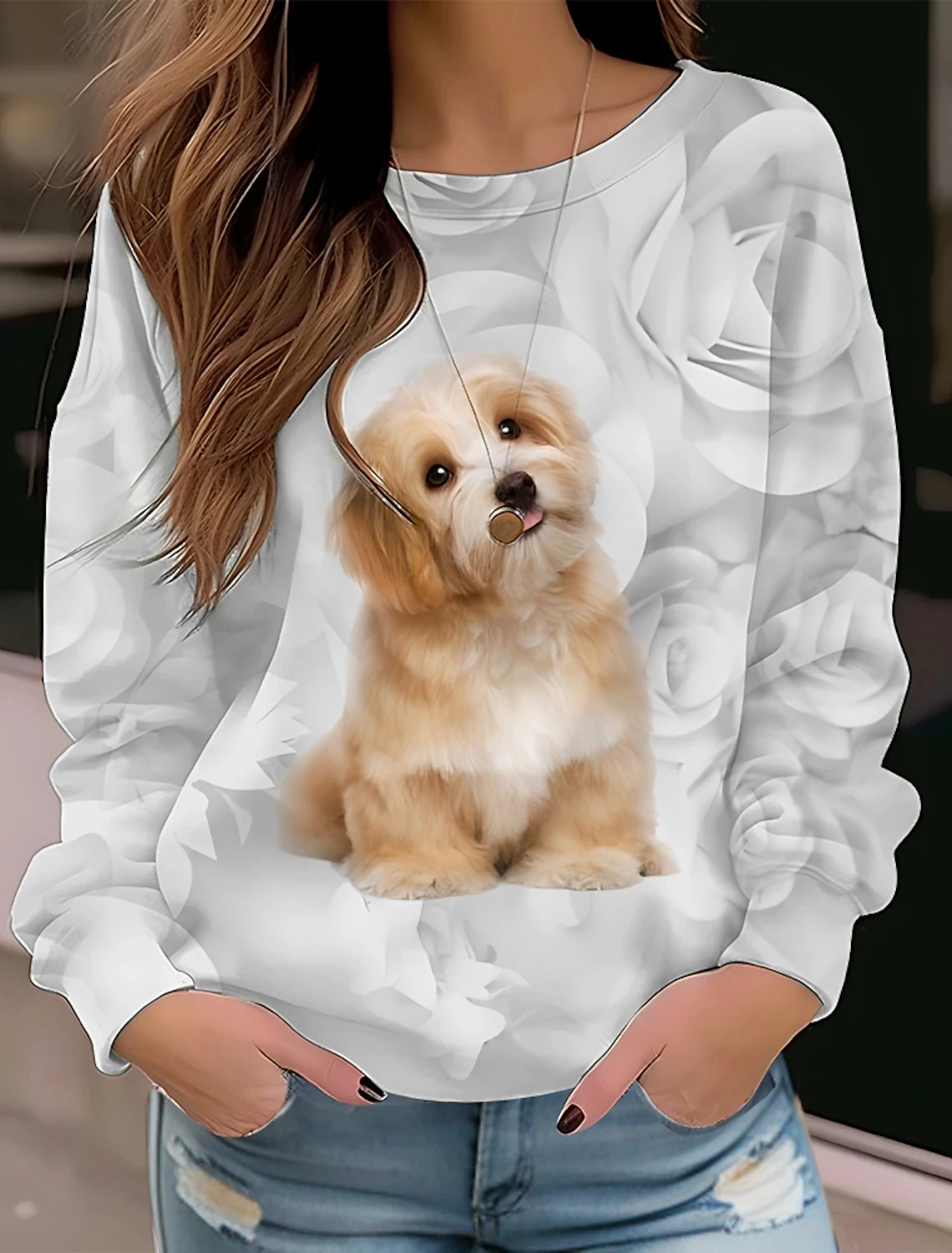 

2023 Animal Print Top New Design Printed Pullover Autumn Women's Crew Neck Clothes Winter Vintage Long Sleeve Elegant Tee Shirt