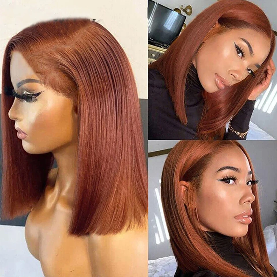 

Soft Orange Brown Silky Straight Preplucked Short Blunt Cut Bob Deep Lace Front Wigs For Black Women With Afro Baby Hair Daily