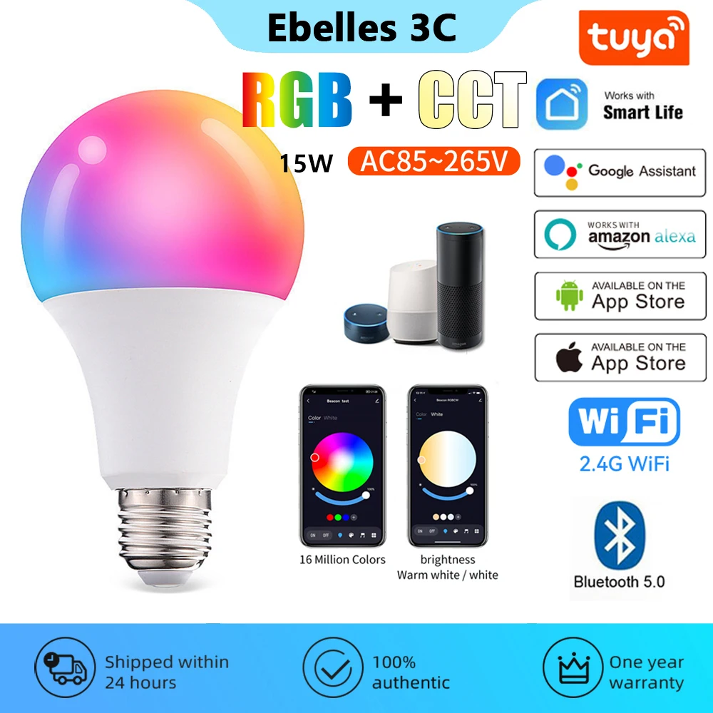 

Tuya Smart Light Bulb 15W E27 LED RGB Lamp Smar Life Wireless Control Work with Bluetooth Gateway Hub Alexa Google Assistant IOS