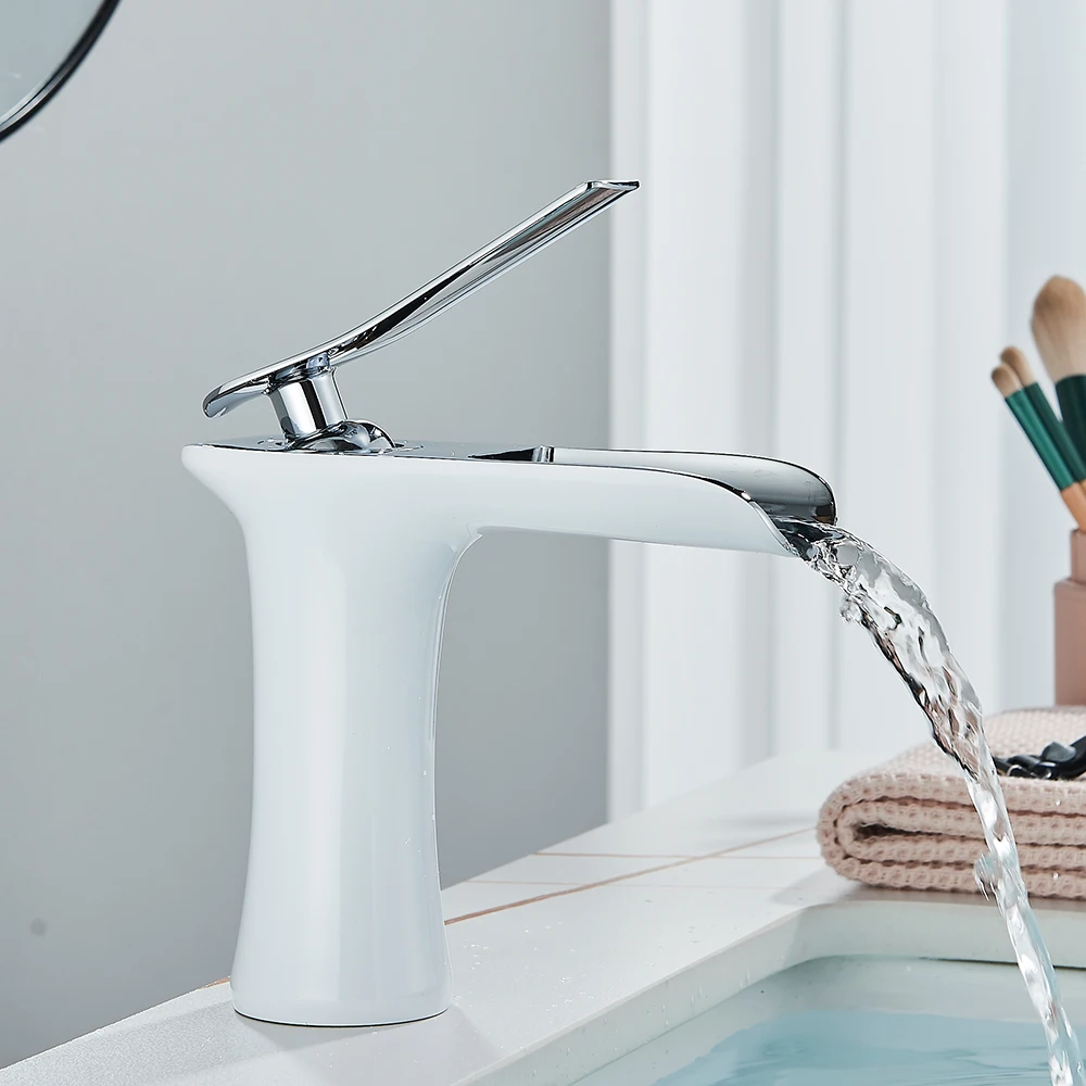 

Chrome White Basin Faucet Deck Mounted Waterfall Bathroom Vessel Sink Mixer Tap Single Handle Hot Cold Water Tap