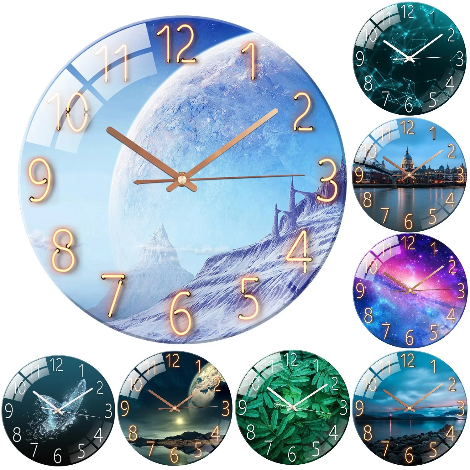 

12-дюймовые креативные настенные часы из закаленного стекла 3D, не тихая работа от батарейки, бесшумная подвеска