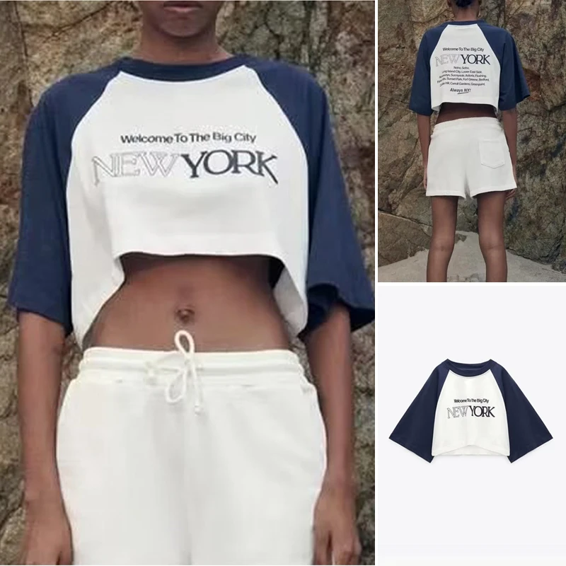 

Женская футболка с коротким рукавом, круглым вырезом и контрастным принтом