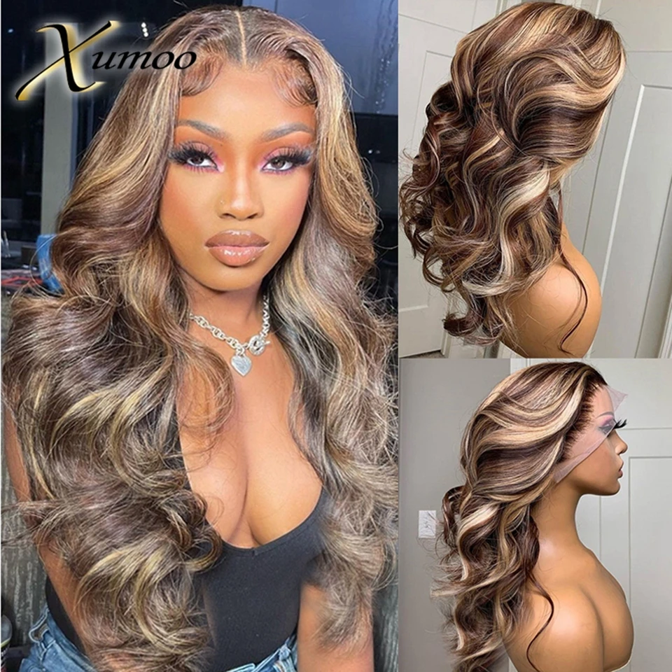 Xumoo Highlight Wig Brown Ombre Colored 13x4 Lace Front Human Hair Wigs For Women Pre Plucked Transparent Lace for Women