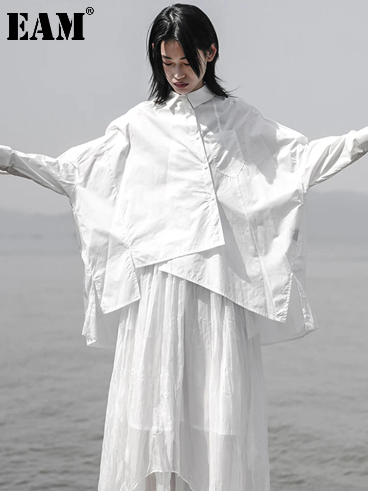 

[EAM] 2022 Новинка весна осень лацканы длинный рукав белый свободный большой размер нерегулярные свободные рубашки Женская блузка Мода JS921