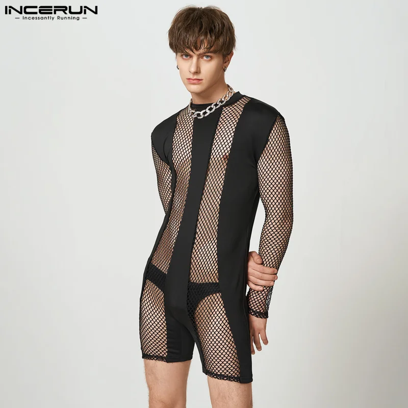 

INCERUN Stylish Well Fitting Loungewear Men's See-through Mesh Bodysuit Sexy Hot Sale Splicing Solid Long-sleeved Rompers S-5XL