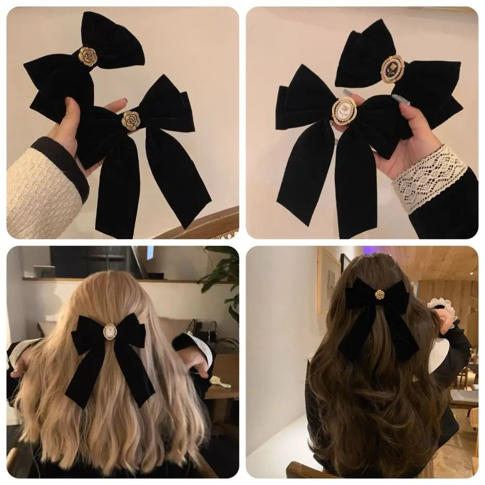 Заколка для волос с французским бантом черная бархатная заколка лентой камелии