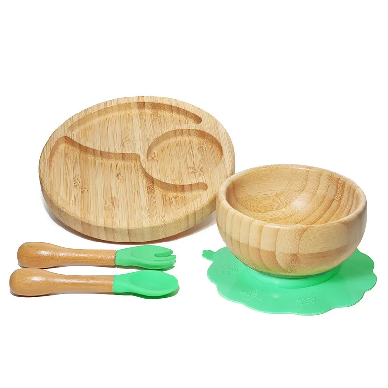 

Baby Bamboo Sucker Plates Fork Spoon Set Non-slip Kids Feeding Tableware Sets Children's Dishes Suction Bowl BPA Free Dinnerware
