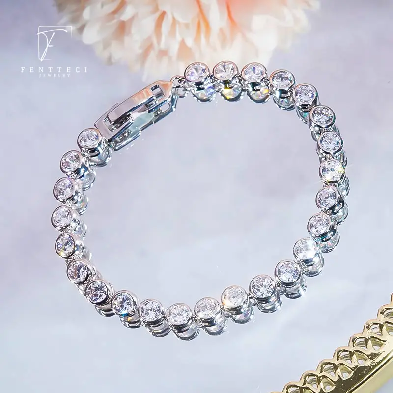 FENTTECI Newest Sterling Silver Tennis Bracelet 0.3ct Round Diamond Bracelet 4 Prongs Single Row Simulation Drill Roman Chain