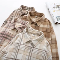 new woolen plaid shirt womens lapel long sleeved spring and autumn coat brushed checked loose shirt button up blouses retro
