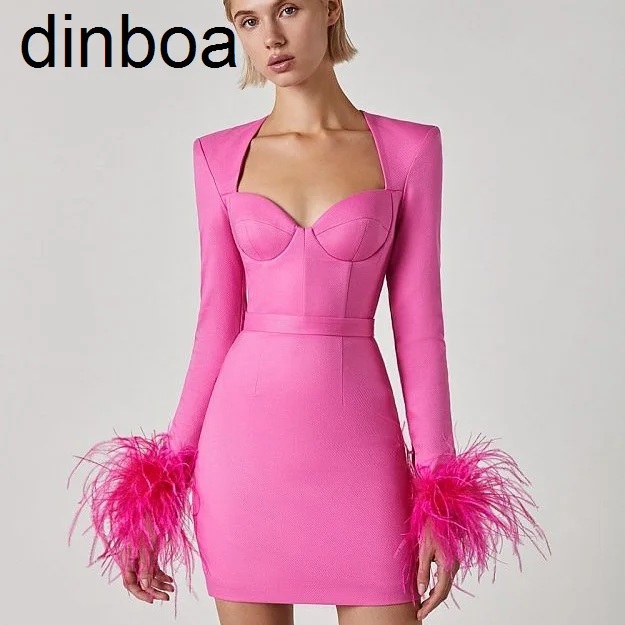 

Прямая поставка с фабрики, мини-платье с квадратным вырезом, женские бандажные платья с перьями для женщин