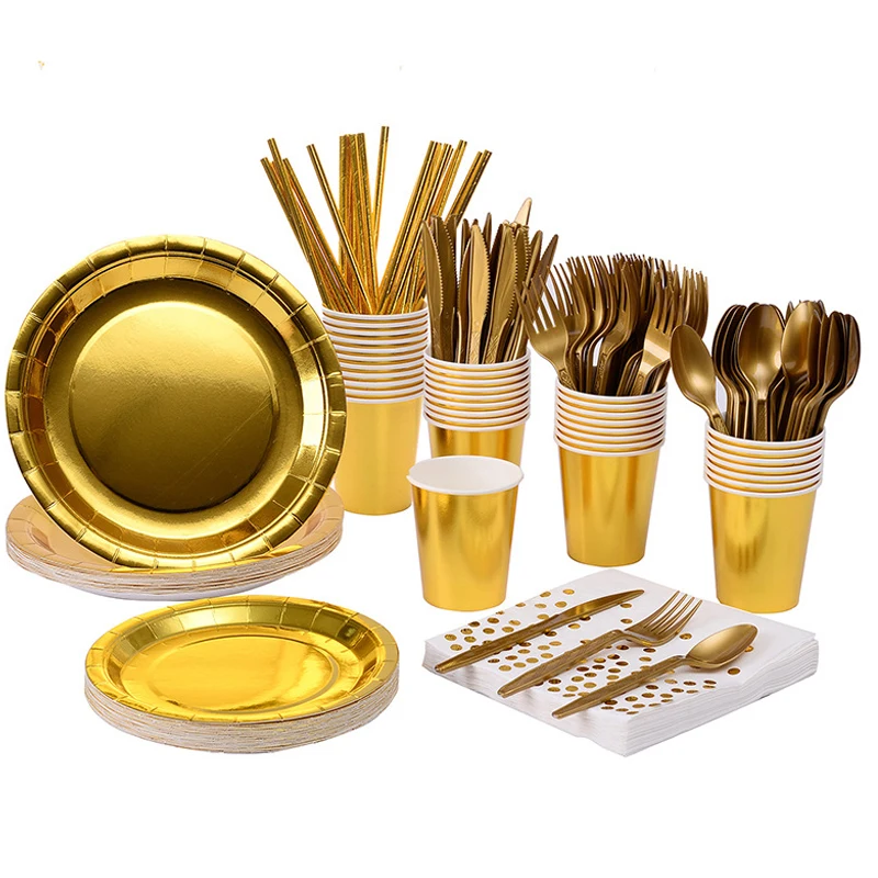 

145pcs-set Gold Wedding Party Decorations Party Tableware Set Baby shower Disposable Dinnerware Plates Cups Party Supplies Set