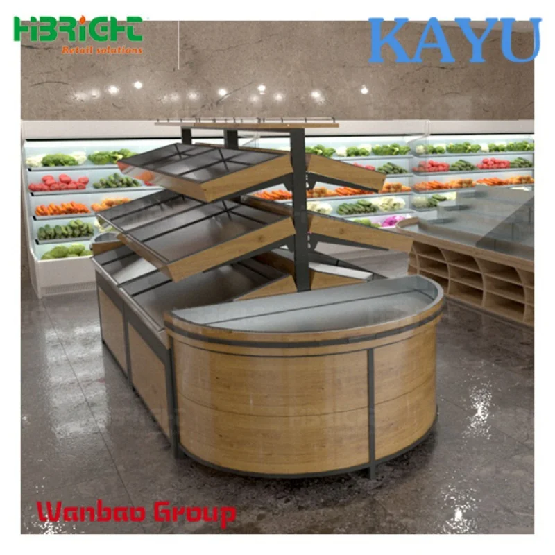 Wholesale ODM OEM Wooden Produce Display Stand Fruit and Vegetable Rack for Supermarket