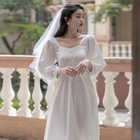 lightweight wedding dress women elegant square collar long sleeve white long dress daily wear