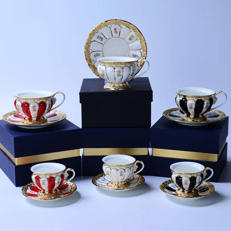 

European Bone China Coffee Cup Palace Relief Gold Painting Heavy Industry Ceramic Coffee Cup Gift Box Coffee Cup Set
