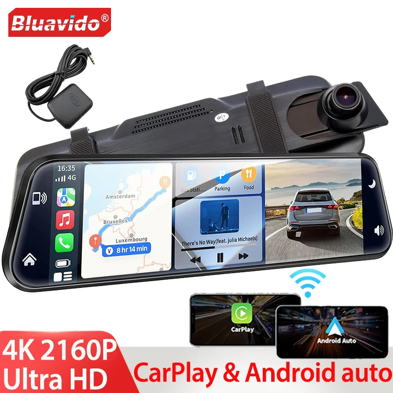 Bluavido 4K видеорегистратор Беспроводная CarPlay Android AUTO Автомобильная зеркальная камера заднего вида GPS WiFi Мониторинг парковки Видеорегистратор DVR