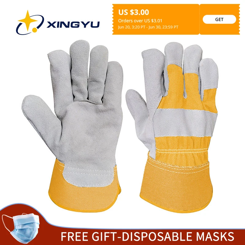 Welding Gloves Man Work Gloves Cowsplit Leather Gloves for Mechanic Construction Gardening Glove Safety Fire Gloves Free Size