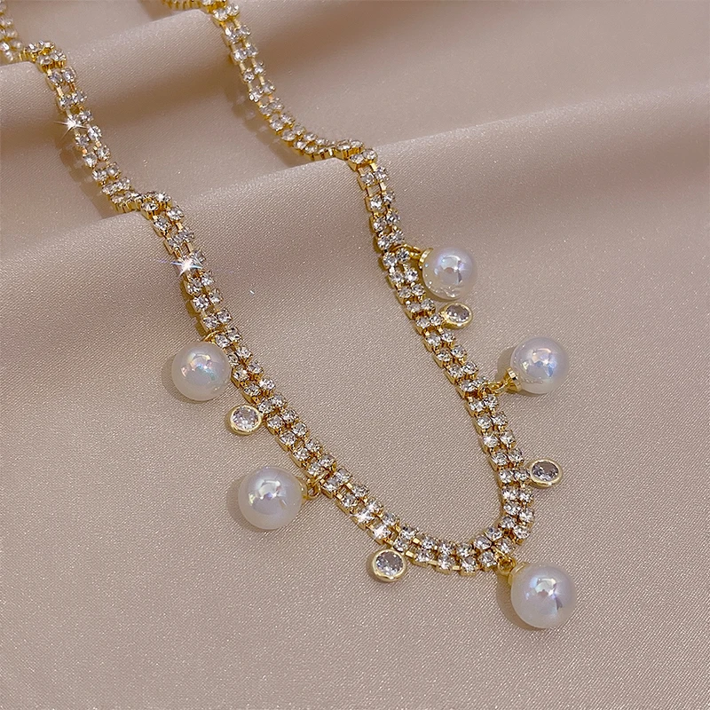 

Luxury Fashion Shiny Crystal Pearl Pendant Jewelry Necklace Women Summer New Double Gold Chain Clavicle Chain Anniversary Gift