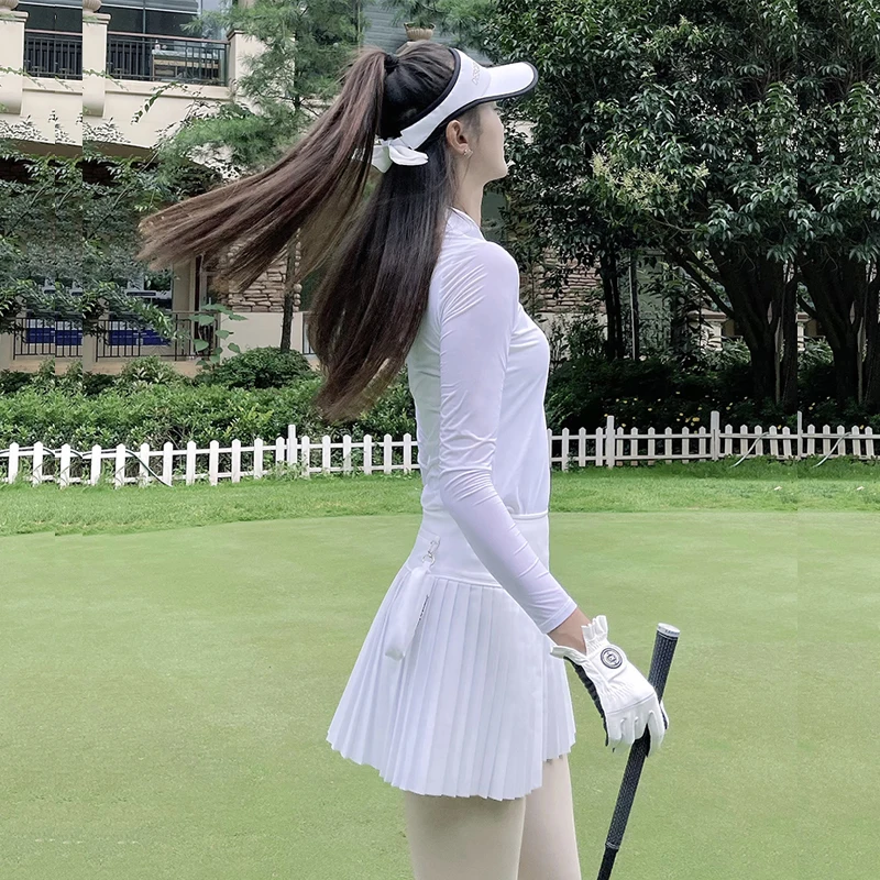 Swan Love Golf Women Clothing Ladies Long Sleeve T-shirt Slim Breathable Sports Golf Top Women Short Skirt Pleated Skort White