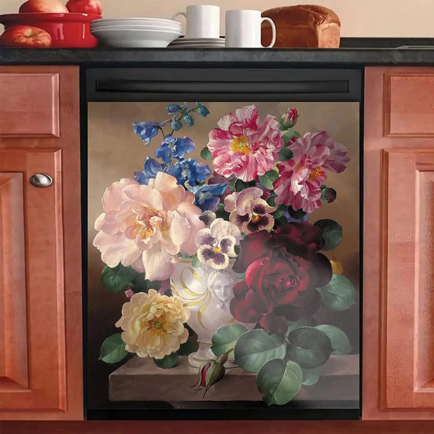 

Oil Painting Sticker Magnetic Dishwasher Door Cover Decal for Refrigerator Flower Vase Fridge Magnet Paster Kitcen Decor 23inch