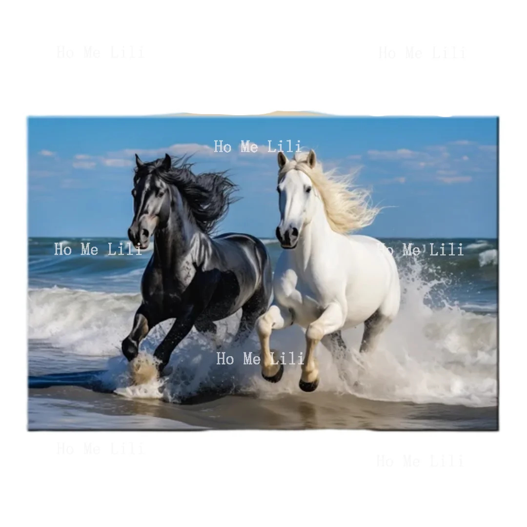 Лошадь Пара Холст Белые Черные Лошади Любов Картина Принт Животные Настенный