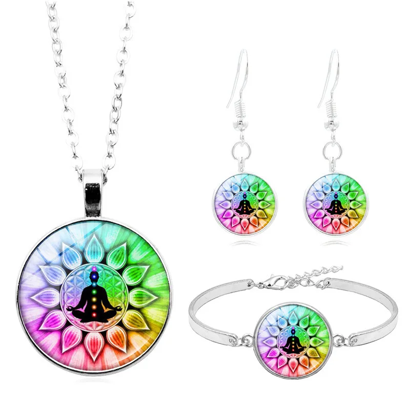 

LE Chakra Reiki Healing Buddha Yoga Meditation Spiritual Om Symbol Hope Pendant Necklace Bracelet Earrings Jewelry Set 4Pcs