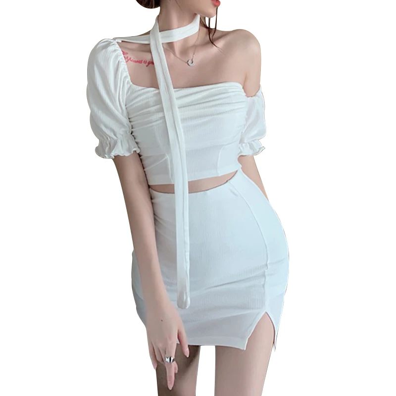 Kayotuas Women 2Pcs Korean Fashion Streetwear Summer Office Ladies One Shoulder Vintage Clothes 90s Ruffles Crop Top+Split Skirt 2 Kayotuas Women 2Pcs Korean Fashion Streetwear Summer Office Ladies One Shoulder Vintage Clothes 90s Ruffles Crop Top+Split Skirt 2