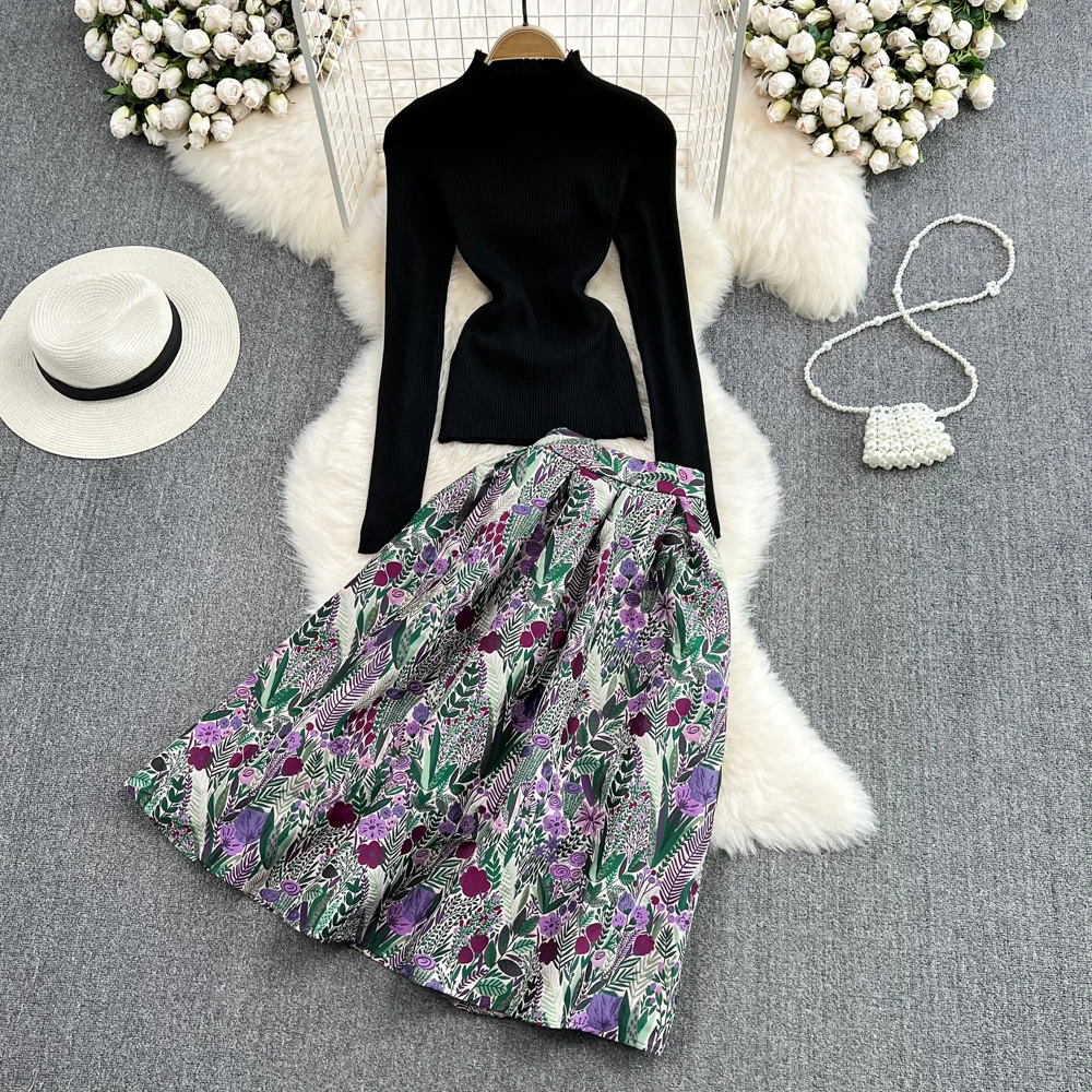 

Clothland Women Vintage Skirt Suit Two Piece Set Long Sleeve Knitted Shirt Print Midi Skirt Office Wear Chic Sets TZ282